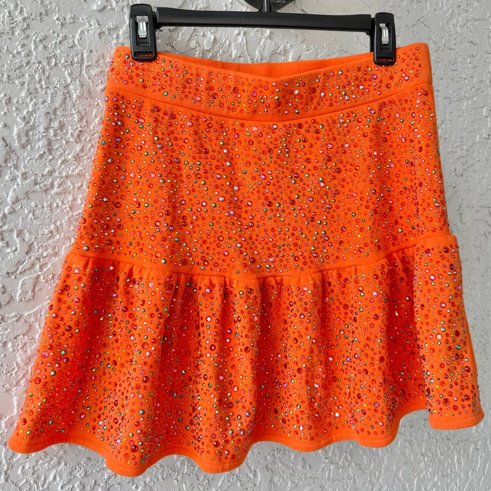 Queen of sparkles rhinestone flared orange mini skirt Medium